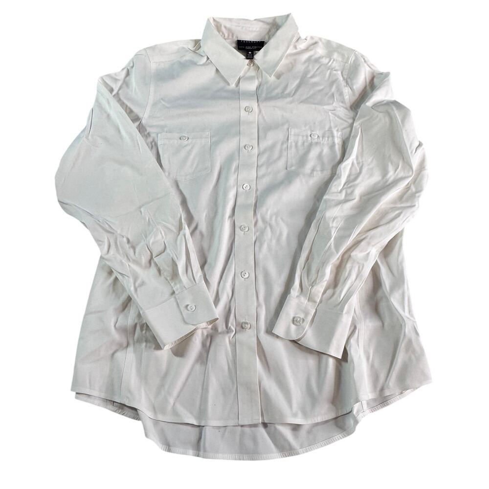 Foxcroft White Non Iron Stretch Button Front Shirt Shaped Fit Women's 16